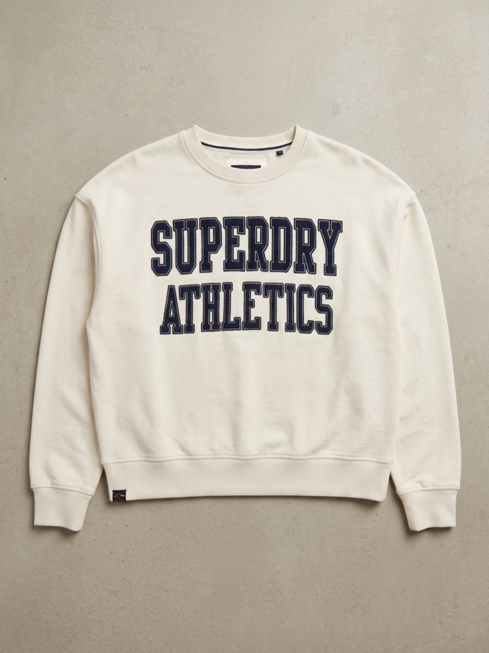 Superdry Cream Colgate Crewneck Sweater with Navy 'Superdry Athletics' oversized